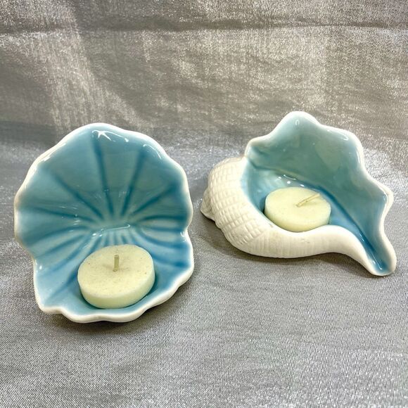 Ceramic Sea Shell Tea Light Candle Holders Set of 2 - Picture 1 of 10